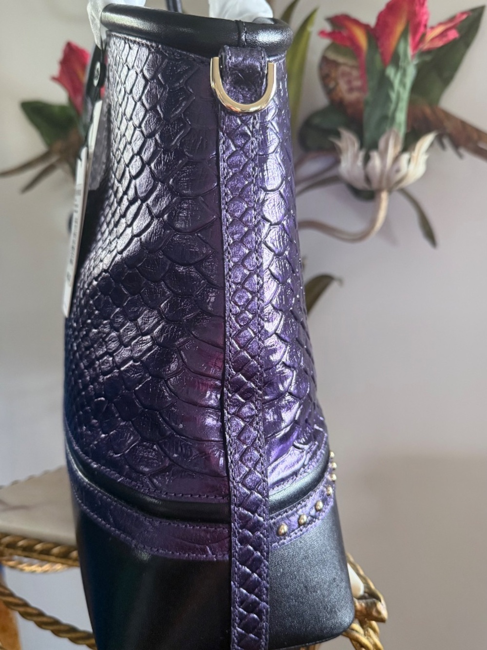 💜🤩 NWT Brahmin Ultraviolet Altair Elaine Handbag Purple Black Snake Studs 🤩💜 - Picture 7 of 16